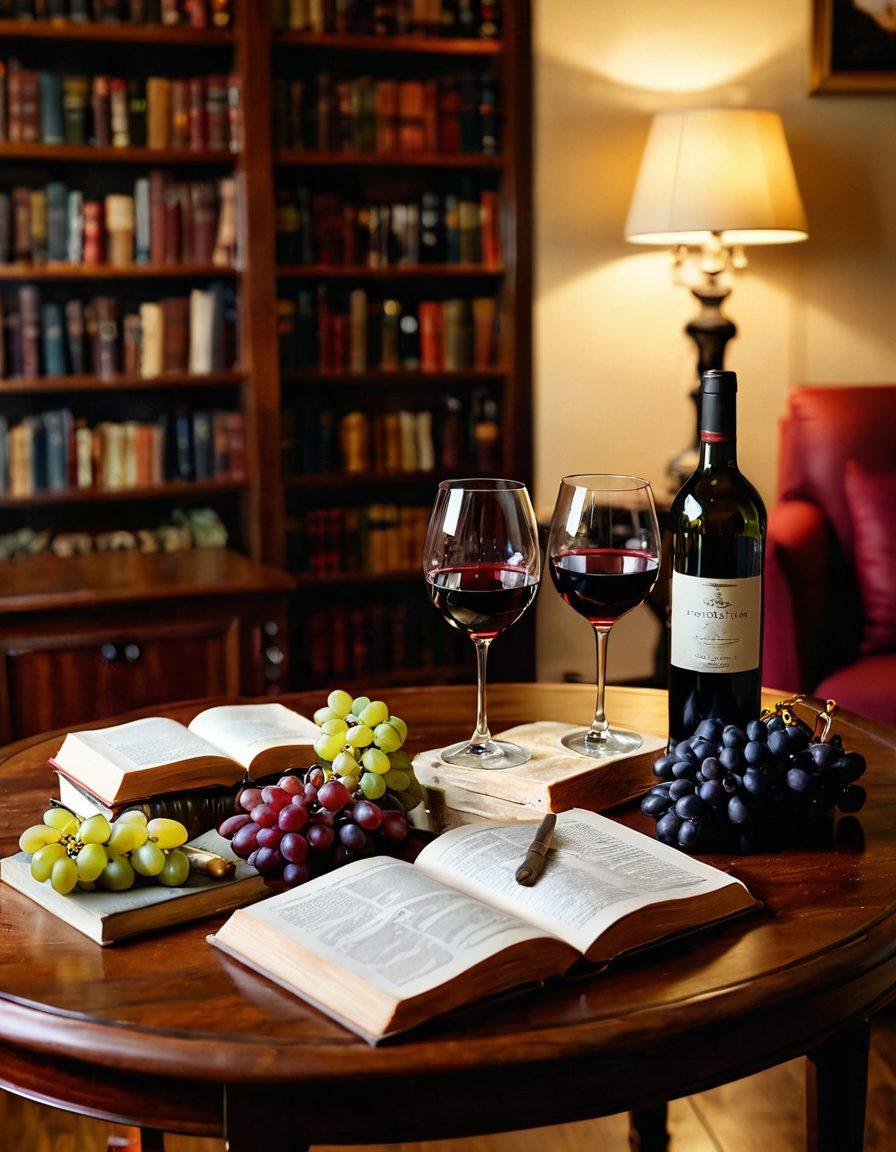 A cozy book club setting featuring a beautifully arranged wooden table with an open book, surrounded by elegant wine glasses filled with rich red and white wines. Soft, warm lighting creates an inviting atmosphere, complemented by a backdrop of bookshelves filled with assorted novels. A small plate of gourmet cheese and grapes sits alongside the wine, inviting viewers to indulge in the experience. Stylish and sophisticated, this scene evokes a sense of relaxation and enjoyment in reading and fine wine pairing. super-realistic. warm tones. elegant ambiance.