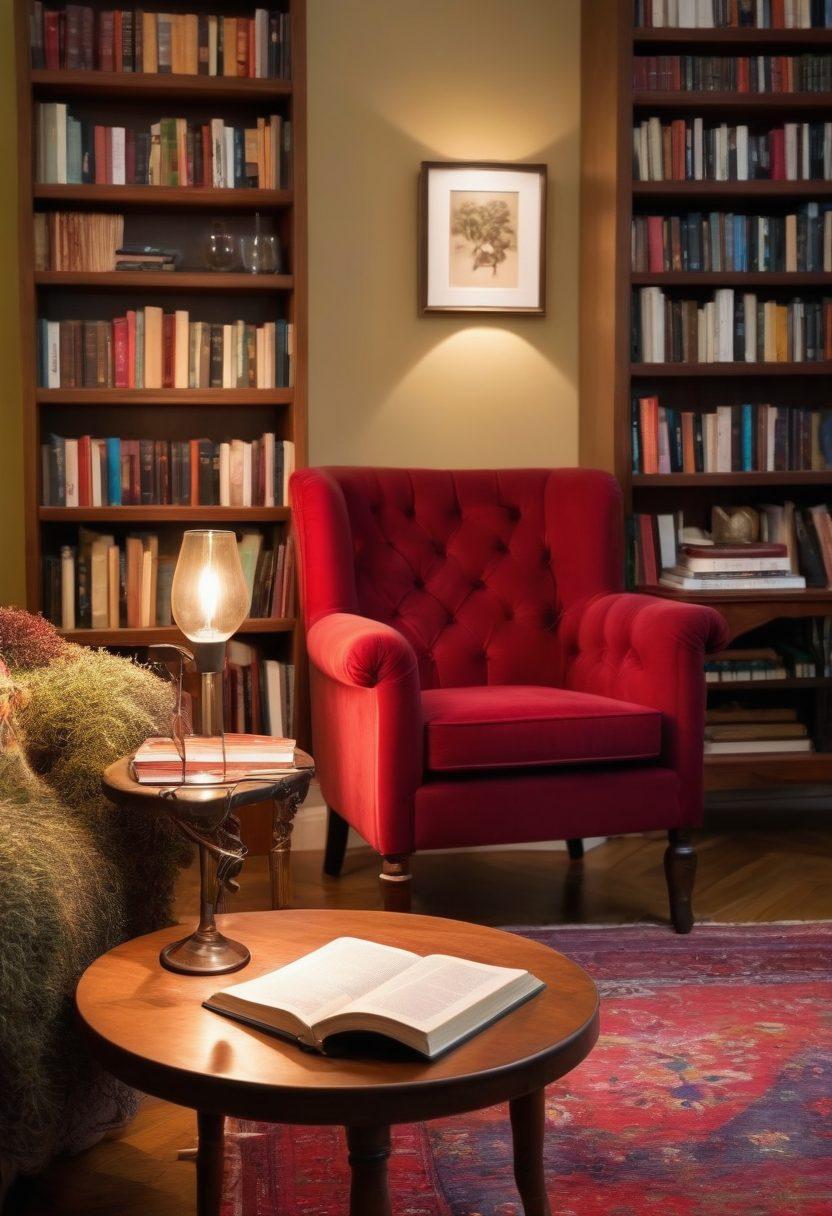 An inviting scene featuring a cozy reading nook with a plush armchair, a small round wooden table holding a glass of rich red wine, and a stack of classic novels. Soft, warm lighting illuminates the space, with a bookshelf in the background filled with colorful book spines. Delicate grapevines entwined around the table legs enhance the ambiance, suggesting a fusion of literature and wine. Cozy and inviting atmosphere, capturing the essence of literary adventures. soft-focus, warm tones, idyllic setting.