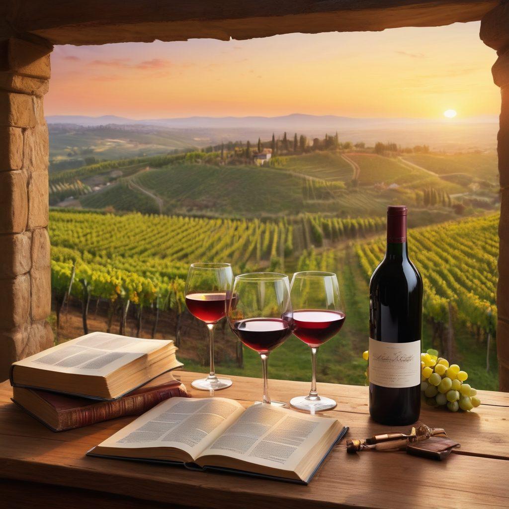 A cozy setting featuring a rustic wooden table adorned with a beautifully arranged spread of various wine bottles, open books, and elegant wine glasses. Soft warm lighting creates an inviting ambiance, with a backdrop of lush vineyards and a sunset sky. The scene should evoke a sense of joy and intimacy, blending the worlds of wine and literature seamlessly. The colors should be rich and inviting, enhancing the overall warmth of the image. super-realistic. vibrant colors.
